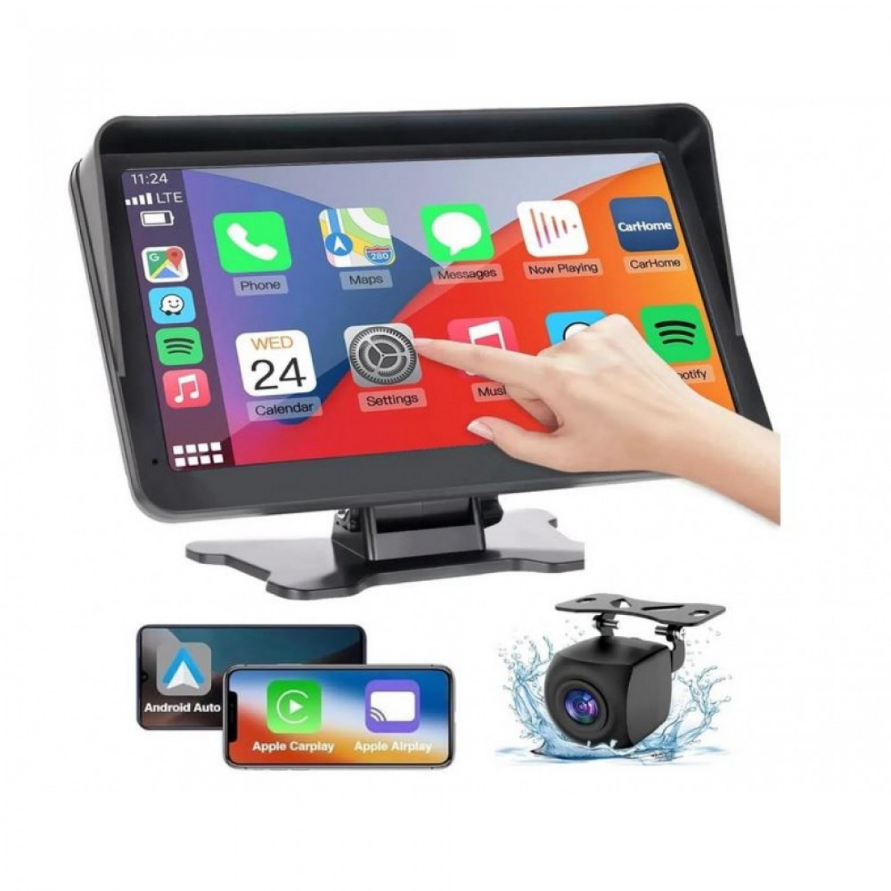Преносим 7″ безжичен CarPlay Apple и Android Auto екран Vivas C690 за автомобил – тъчскрийн с Bluetooth, GPS, камера за заден ход, AUX и FM трансмитер
